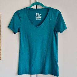 XS Women Turquoise Teal Nike V-Neck T-Shirt Short Sleeve Active Gym Workout Top