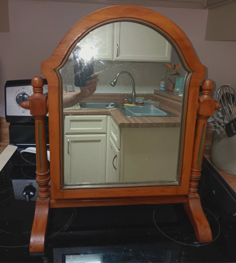 Vintage Wooden 1950s Moveable Mirror On Its Own Stand For Any Surface