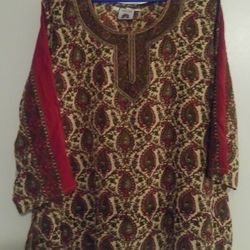 Lucky Lotus Sz XXL Maroon Tan  Green Floral Paisley Blouse 