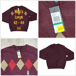 Men’s Van Heusen Large 42 - 44 Golf Sweater Argyle Maroon Red Long Sleeve Crewneck NWT
