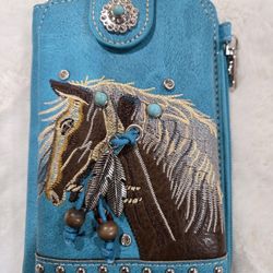 Turquoise Embroidered Horse Crossbody Western Phone Wallet 