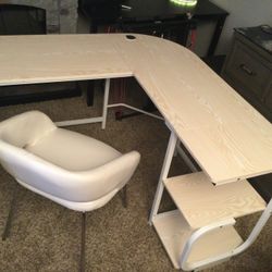 L-shape Desk…50x45 .. ASSEMB…WITH WHITE CHAIR …..CAN BE TAKEN APART IN TWO SECTIONS FOR EASIER TRANSPORT…NEVER USED….WHITE/TAN IN COLO
