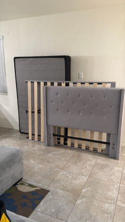 Gray Upholstered Bed Frame with Box Spring