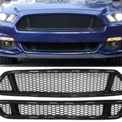 Fits 15-17 Mustang Ikon Style Front Upper & Lower Mesh Grille Grill - Unpainted