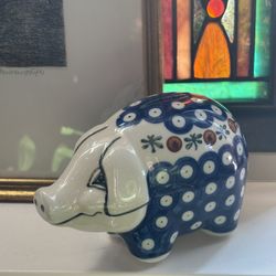 Polish Pottery Piggy Bank Nature Pattern