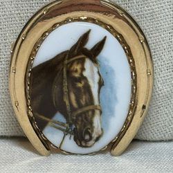 Vintage Good Luck Horse Portrait Porcelain Brooch