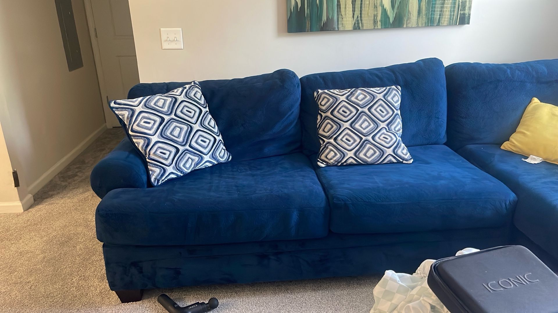 Blue Sectional-Must Go ASAP. 2 Matching Island Bar Stools Also