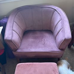 Pink velvet chair, love seat, and foot rest set