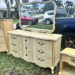 Vintage French Provincial Bedroom Set Dresser With Mirror Upright Chest Nightstand 61”Lx20”Wx33”H Dresser 24”Lx15”Wx24”H Nightstand  34.5”Lx18”Wx47”H 