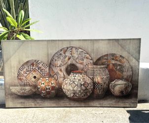 Printed Art Work “Collection of Native American-style pottery and basket” 30 x 59.25 in on Wood Earthy Tones (Silver Lake)