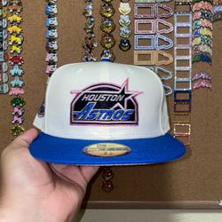 Two-Tone Cream And Blue Houston Astros Fitted Hat Pink UV 50th Anniversary Sidepatch (Travis Scott x Fragment Jordan Low 1 Inspired) 