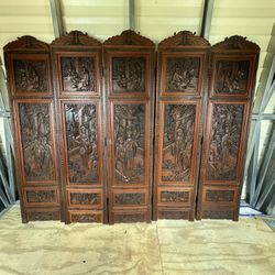 Asian Carved Wood Screen Room Divider Panels  Antique