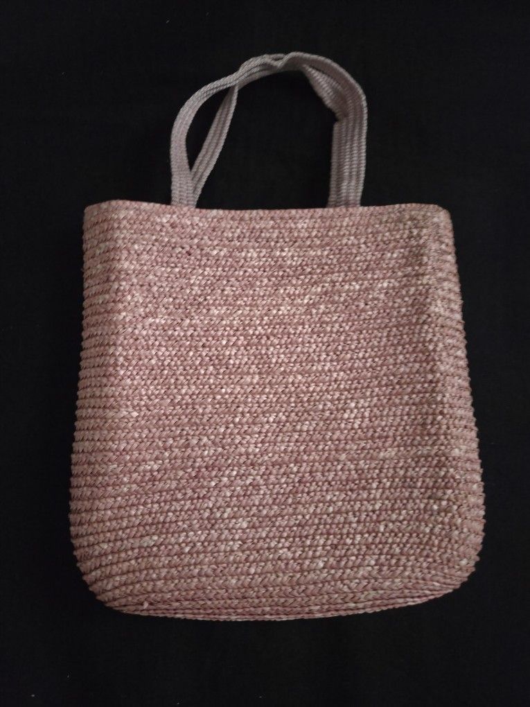 100% Wheat Straw Weave Boho Hippie Pink HandBag Zip 8"x8"