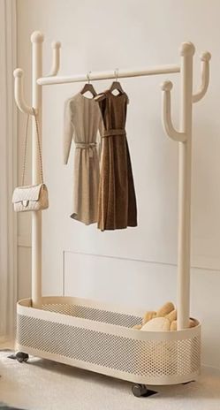 Freestanding Clothes Hanger Floor-to-ceiling Metal Coat Rack Basket Hanger with Wheel