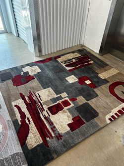 Large Abstract Area Rug Gray Red Beige
