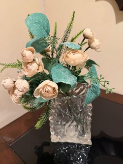 Artificial Floral Arrangement with Crystal Glass Vase