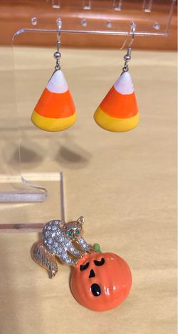 Halloween Candy Corn Earrings and Cat Pumpkin Brooch Set
