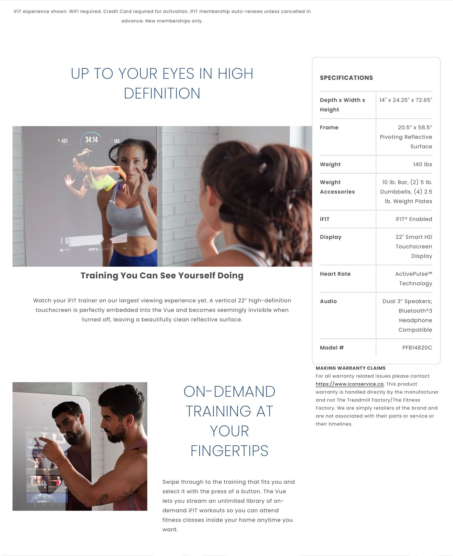 PROFORM 360 SMART FITNESS MIRROR WITH 22’ HD TOUCHSCREEN & IFIT TRAINER 