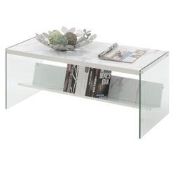 Convenience Concepts SoHo Glass Modern Living Storage Shelf, Contemporary Coffee Table for Family Room, 40", , Faux White Marble