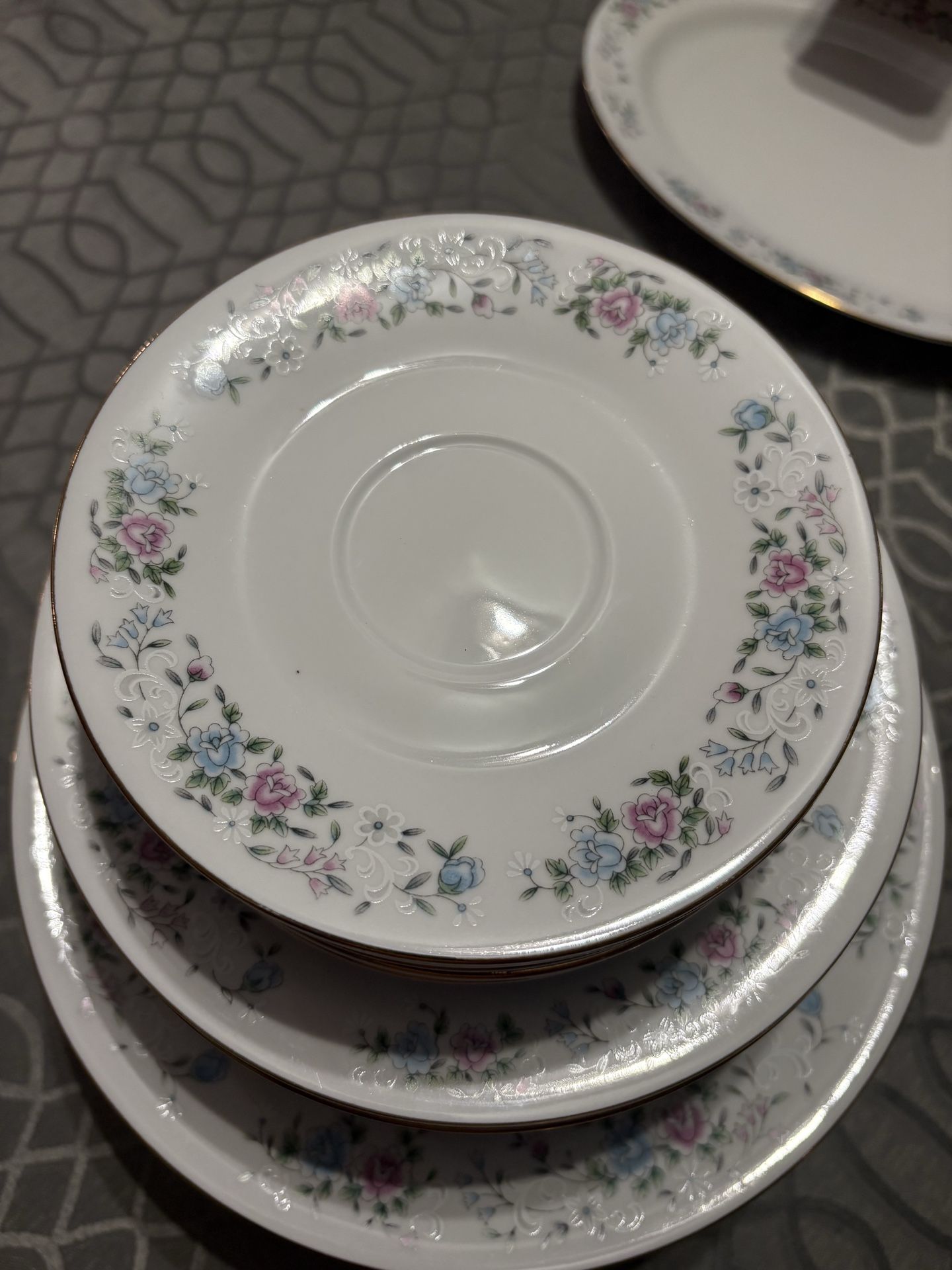 Complete Set for 8 with Blue and Pink Floral Pattern with gold trim-Made in China
