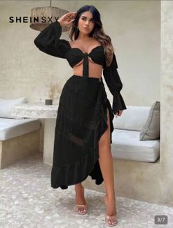 SHEIN SXY Solid Ruffle Trim Ring Linked High Slit Black Skirt Size Small
