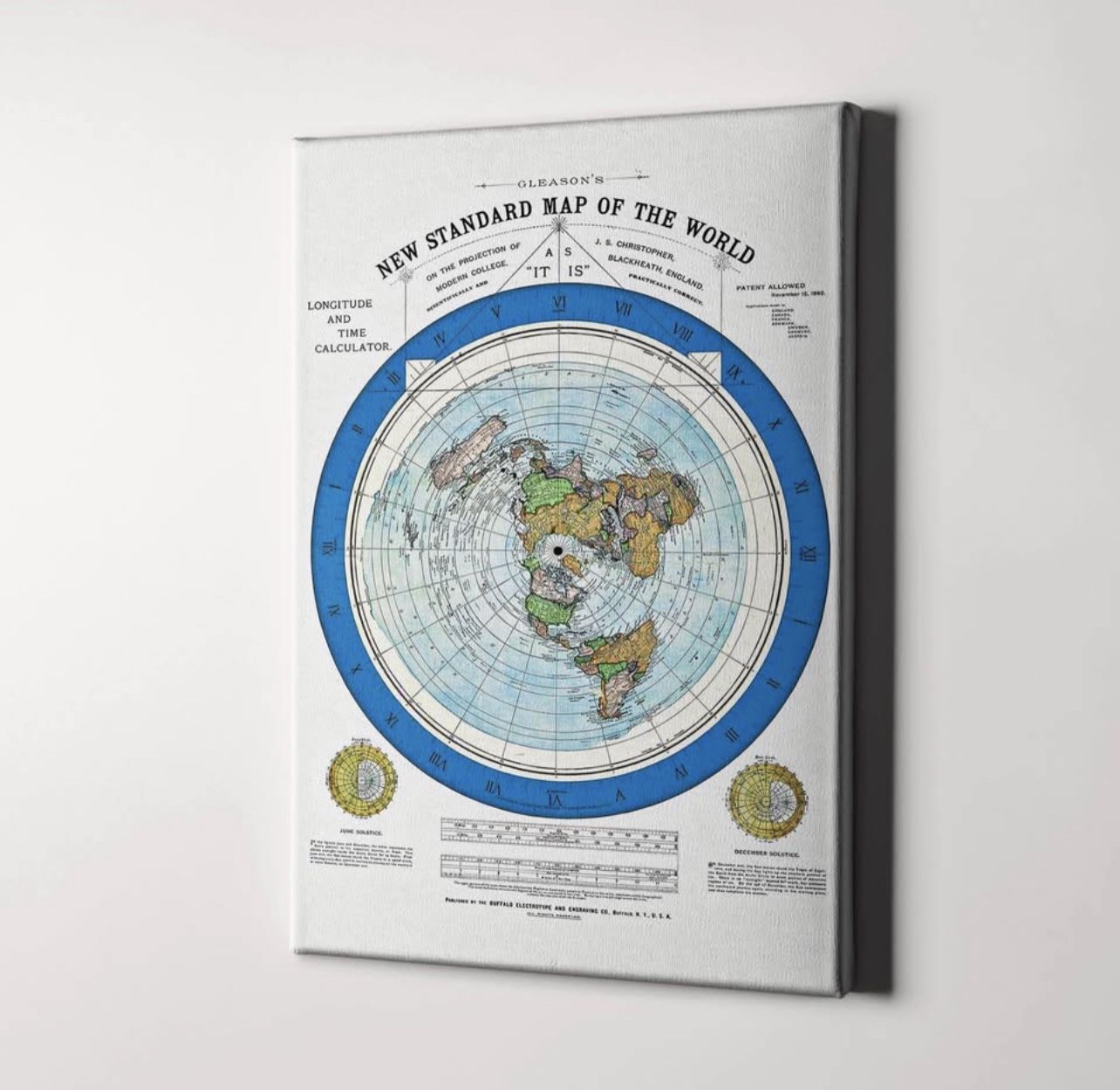 Flat Earth Map Big 48” x 36” Canvas Wall Art Print