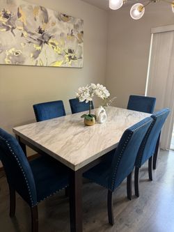 Dining Table Set with 6 Blue Velvet Chairs