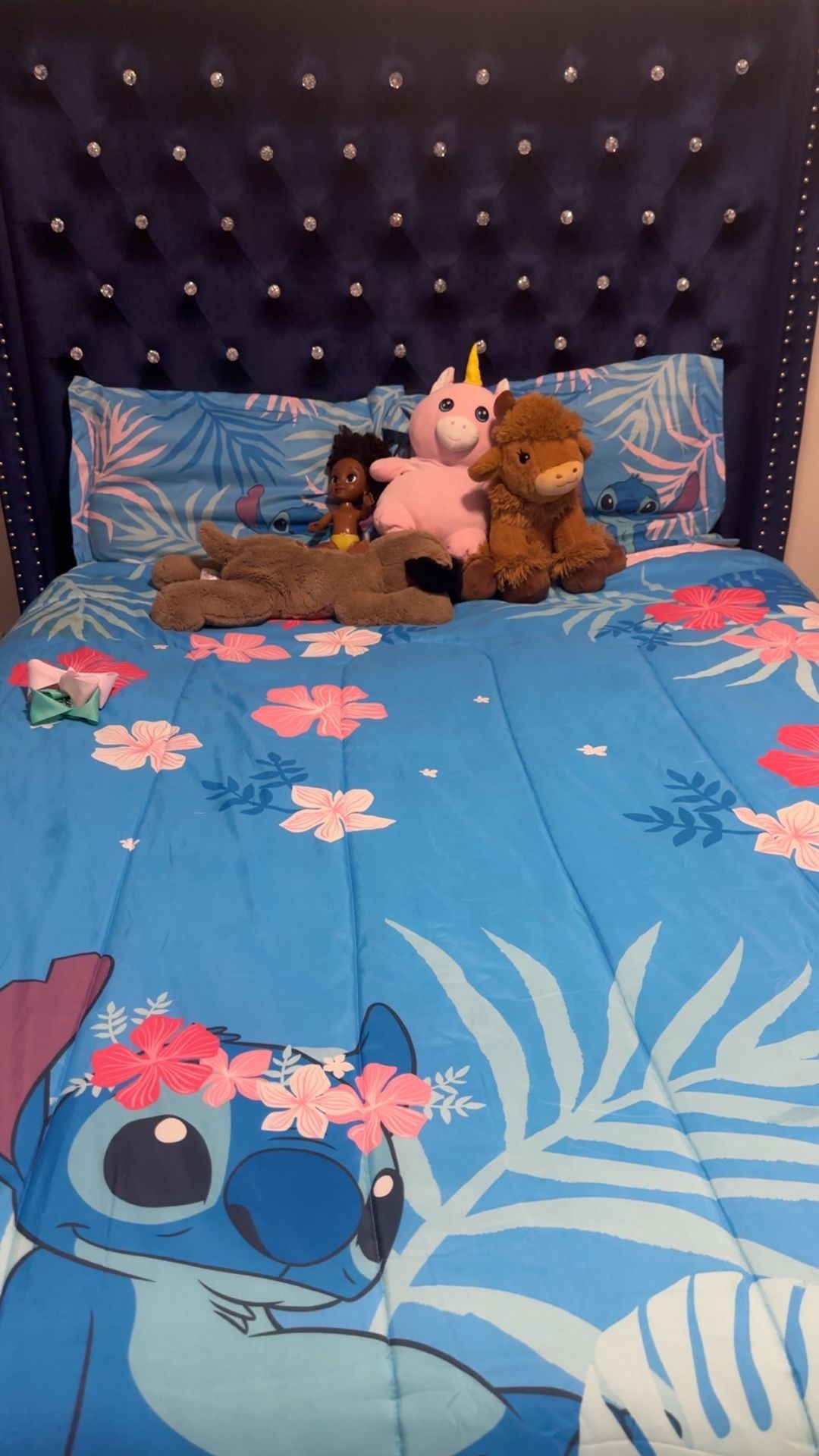 Blue Queen Bed frame & Mirrored nightstand 