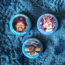 1984 FUN FOODS (3) Pins (Leon Durham #107, Ron Cey #84, Gary Matthews #70)...133 pins in the set. LIKE NEW (never used) Chicago Cubs