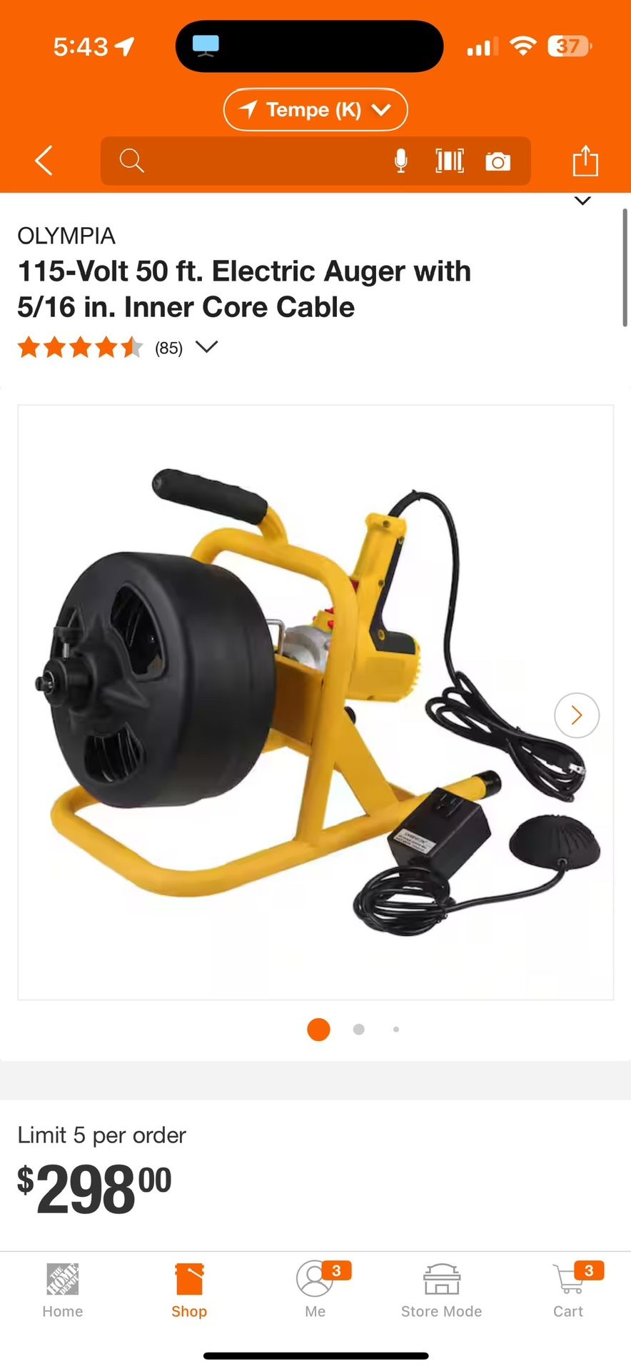 OLYMPIA 115-Volt 50 ft. Electric Auger with 5/16 in. Inner Core Cable COLOR BLACK open box $100