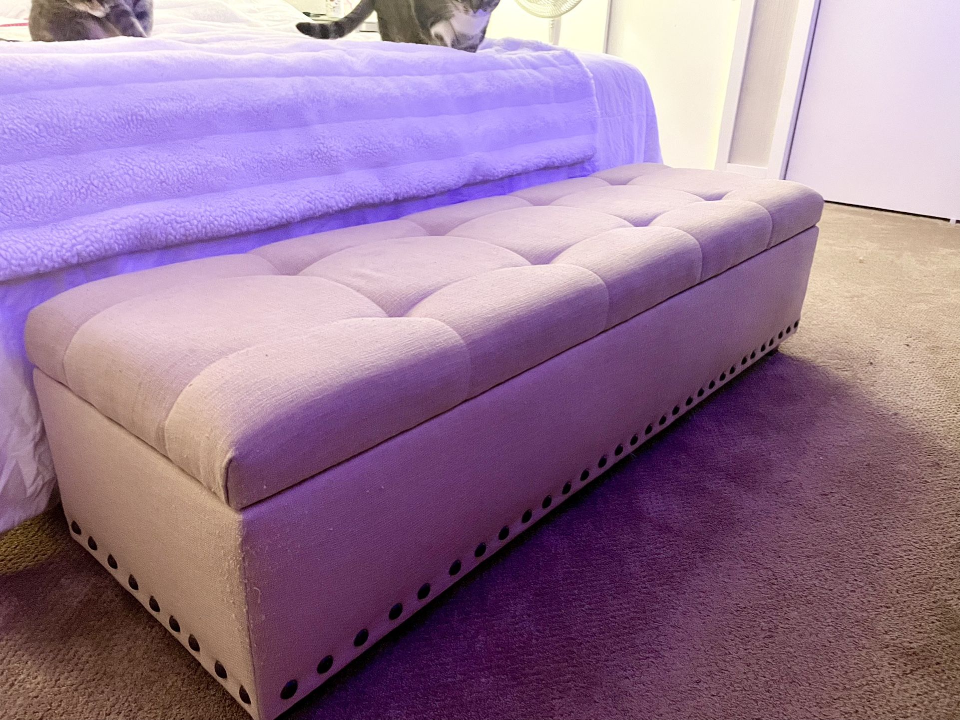 Long beige studded storage ottoman Bench 