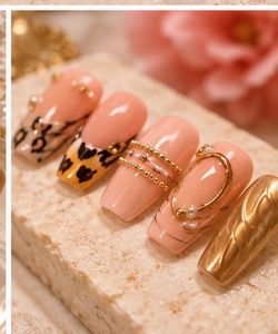 Press-On Nails Set Nude Pink Gold Leopard