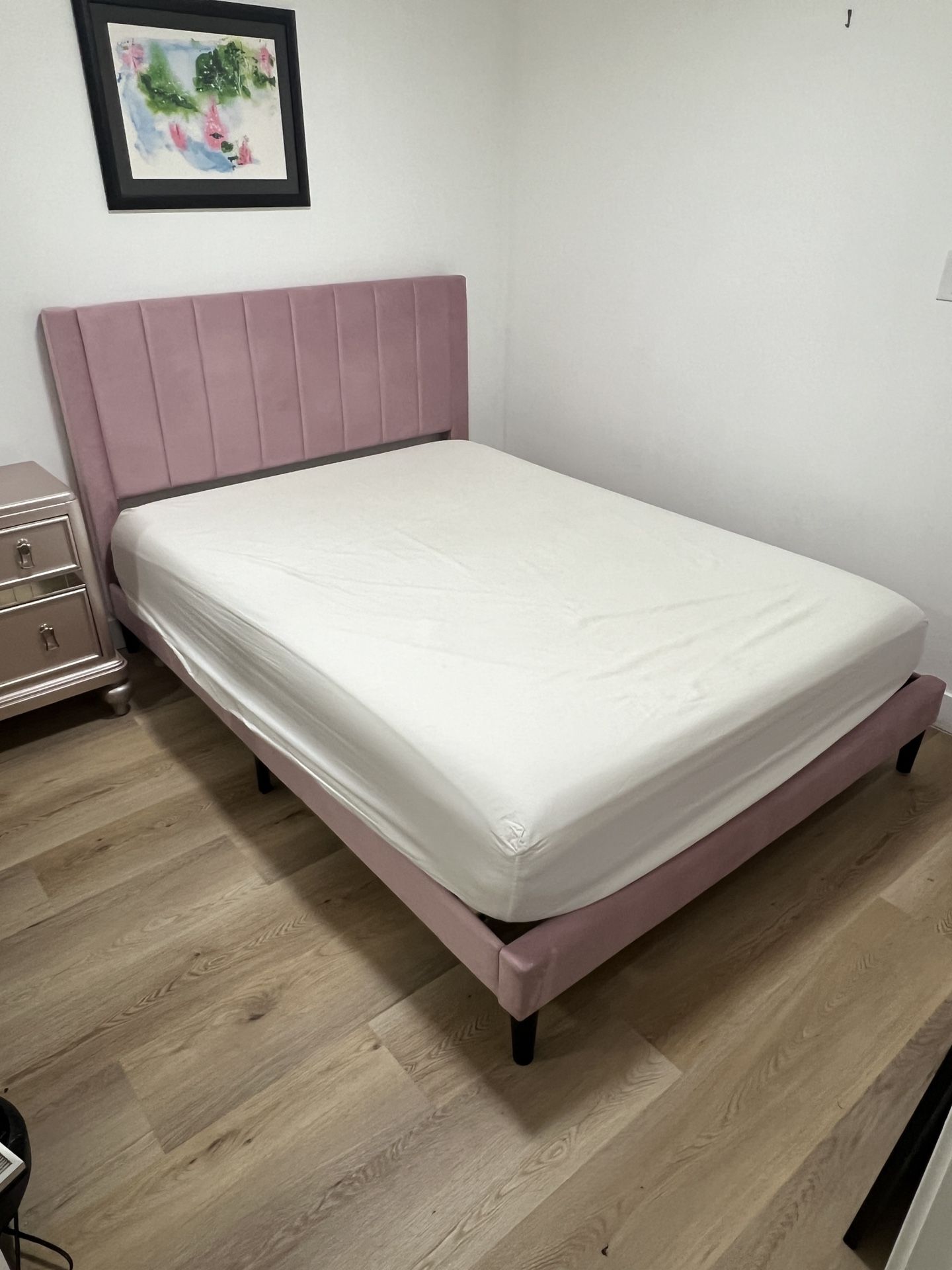 Full/Queen bedframe, 2-drawer nightstand, & mattress