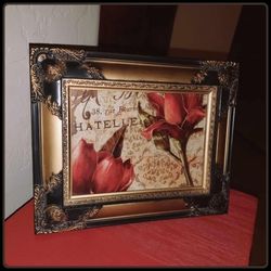 VINTAGE ORNATE GOLD BLACK BURGUNDY FRAMED FLORAL FLOWER ROSE BOUQUET FRENCH PICTURE ART TABLE DECOR