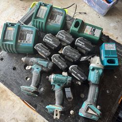 Makita 18V LXT Batteries (7) + Drill + Impact + Grinder + 4 Chargers