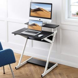 FITUEYES Computer Desk for Small Spaces,27" Z-Shaped Compact Study Table with Monitor & Bottom Shelves for Home Office, White

