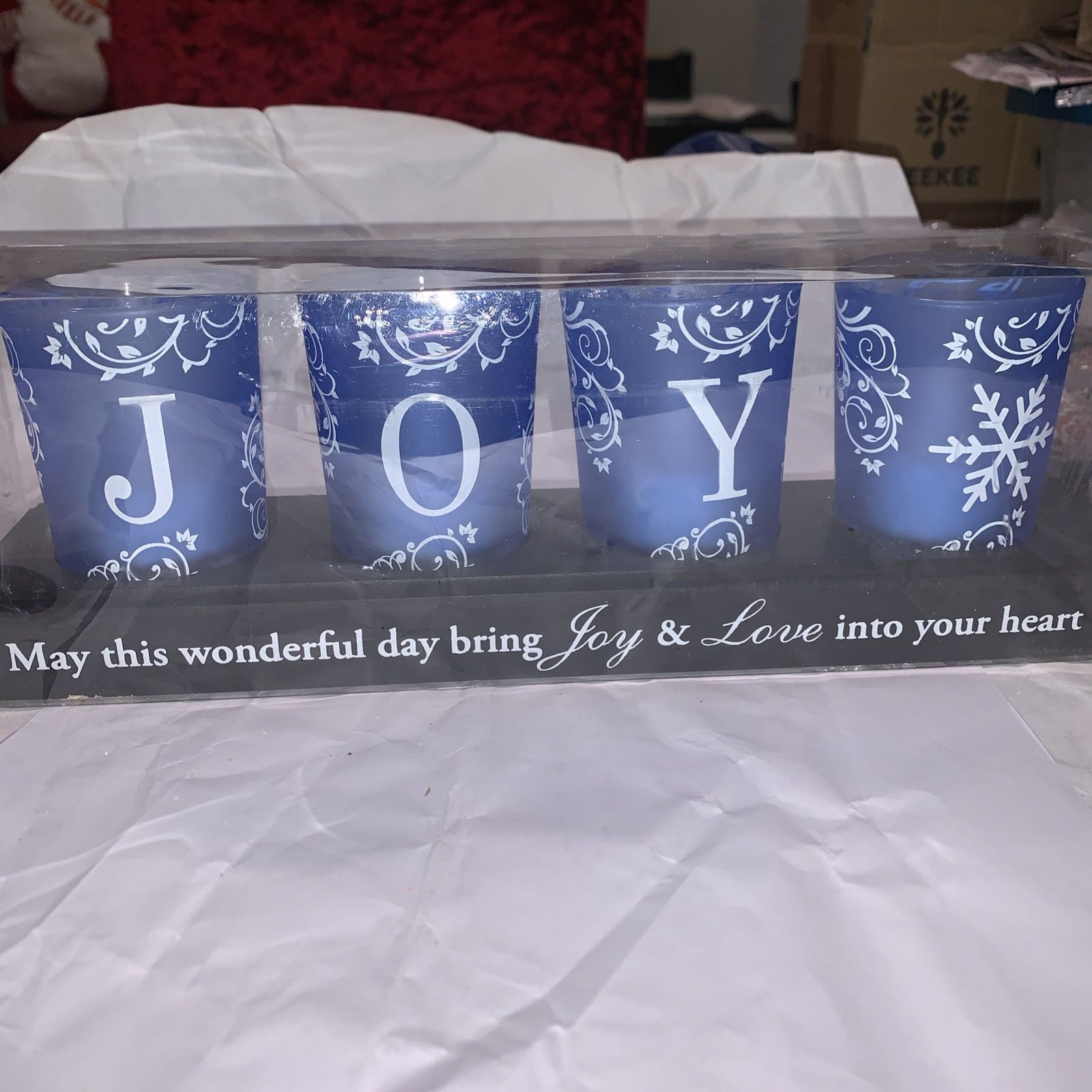 4BLUE GLASS SNOWFLAKE JOY CANDLE VOTIVES