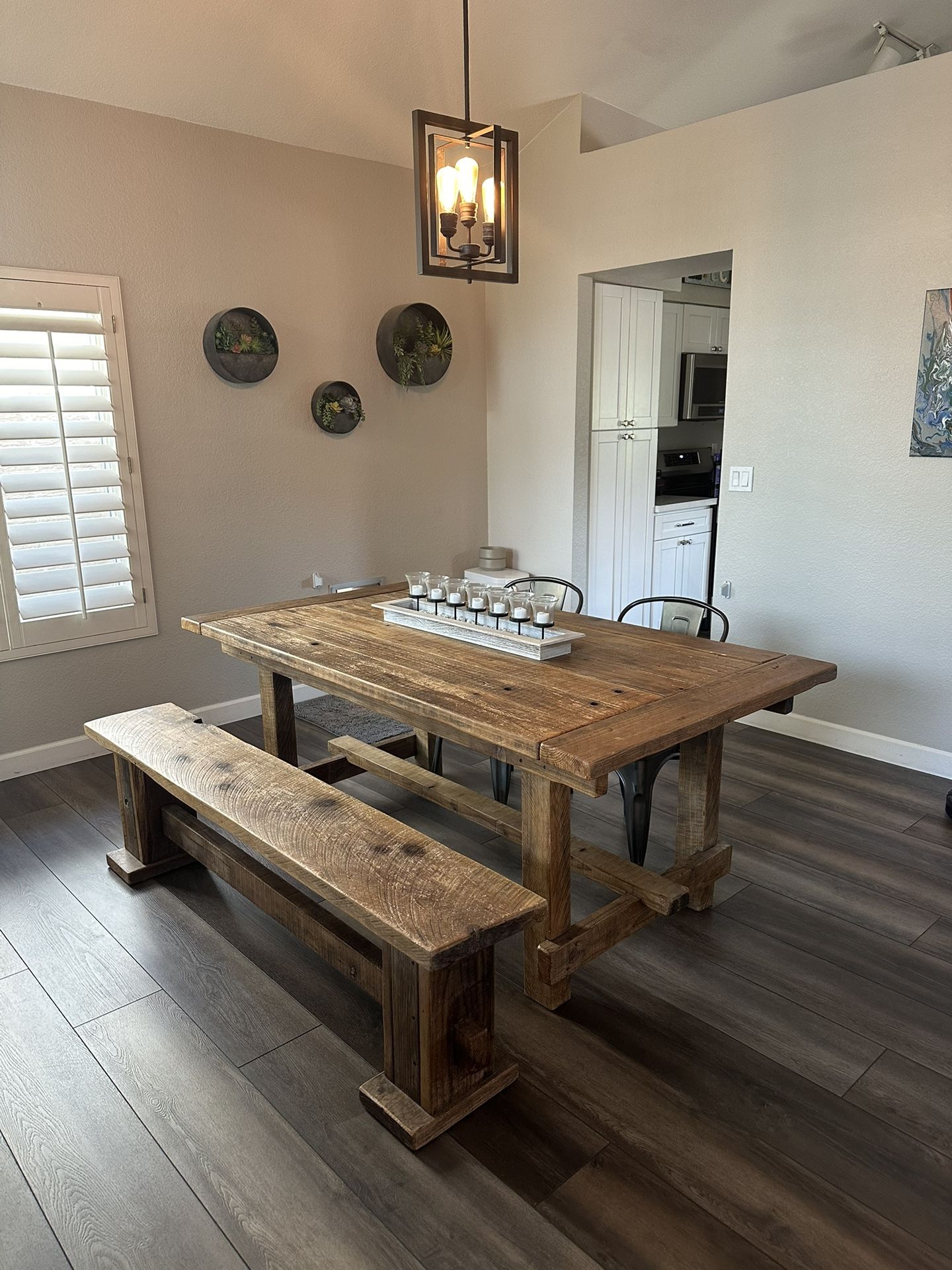 Custom rustic Redwood Table and matching bench w/ two chairs