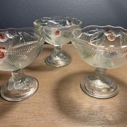 Vintage French Frosted Glass Dessert Cups Set 3 Fruit Pedestal Bowls