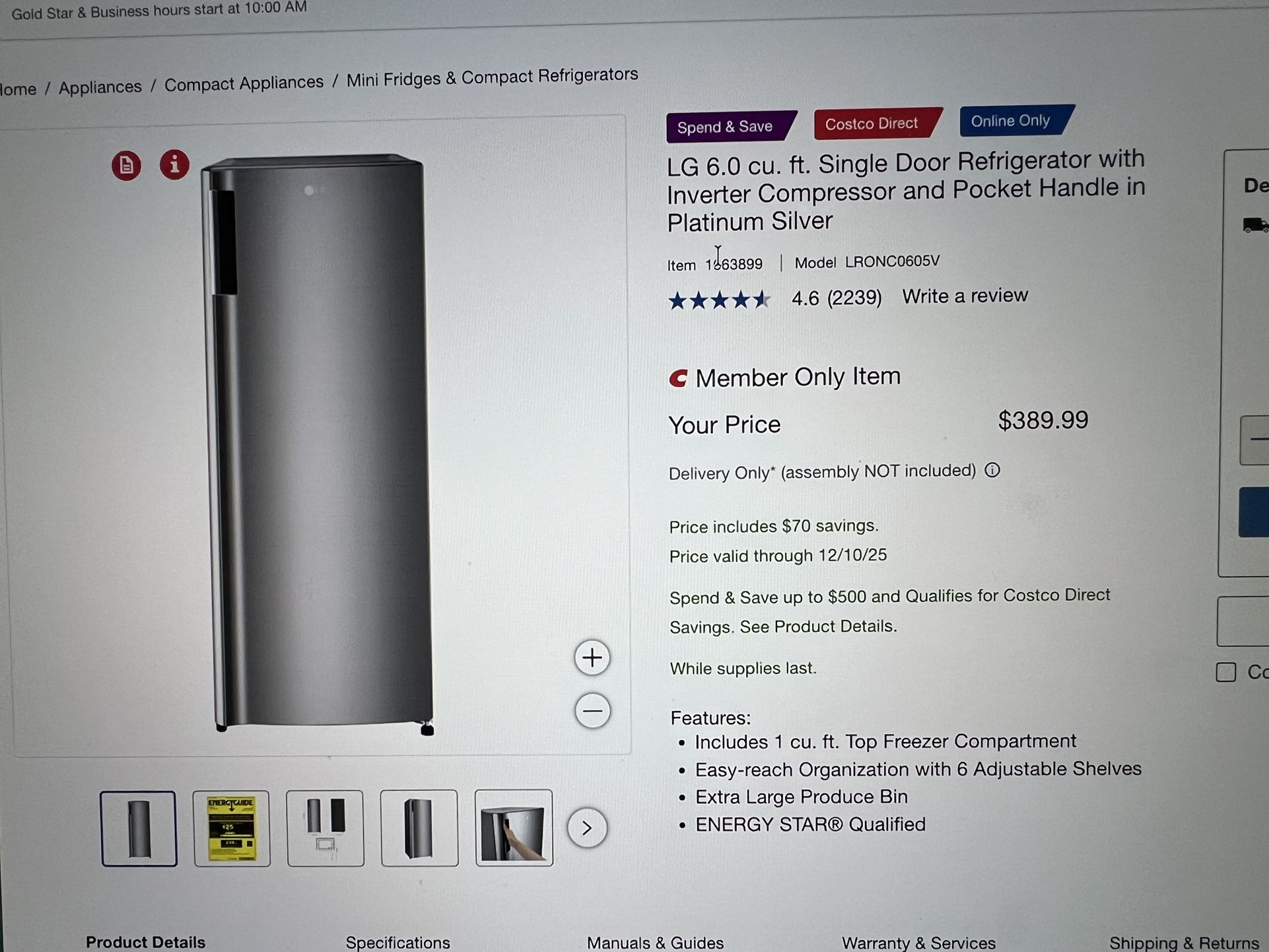 LG 6.0 cu ft Single door Refrigerator