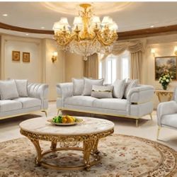 Sofa And Loveseat Beige Fabric, Stainless Steel Gold Finish. New Especial Price 