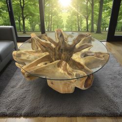 Teakroot Coffee Table With Glass Top 36”