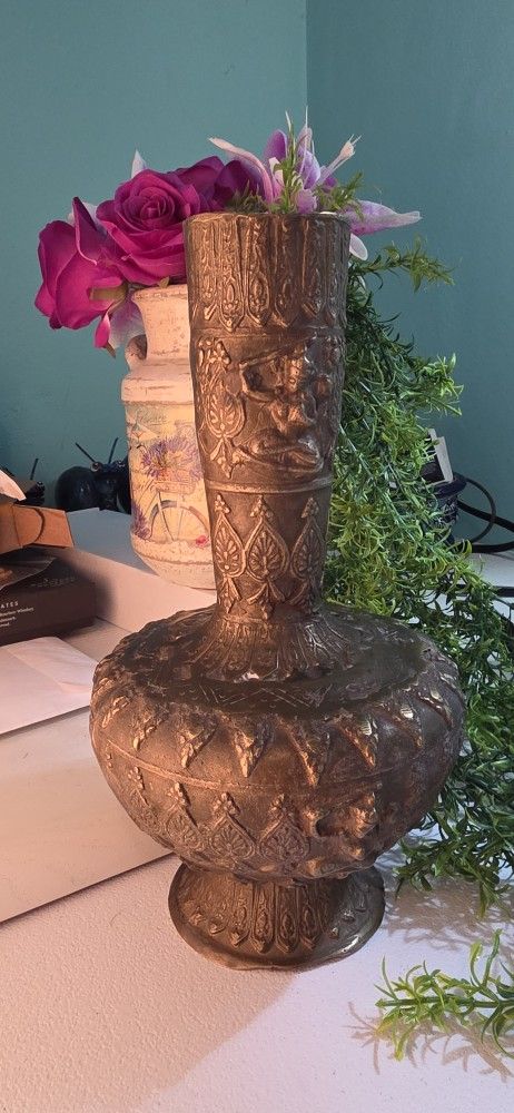 Antique brass Buddha Tibetan leaf motif vase