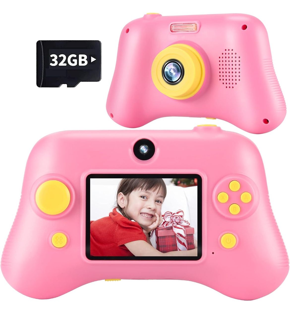 New In Box Upgrade Kids Selfie Camera,Christmas Birthday Gifts for Age3-9,HD Digital Video Cameras for Toddler,Portable Toy with 32GB SD Card-Pink