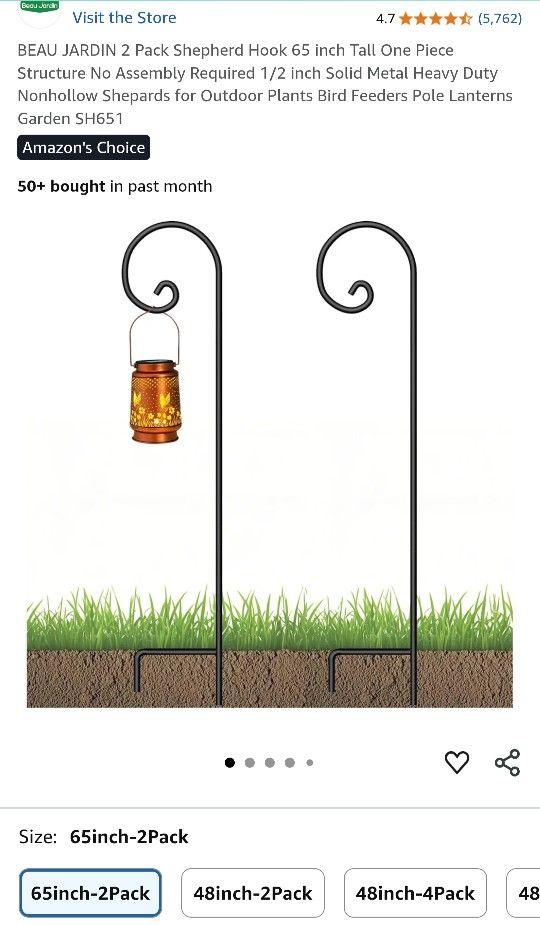 2 Pack Shepherd Hook 65 inch Tall