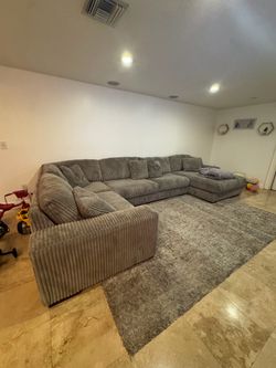 Large Gray Corduroy U-Shaped Sectional Sofa