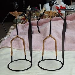 Set of Two African Folk Art Tribal Warrior Wrought Iron & Rattan Candle Holders 9 1/2 Inches Tall L8V174