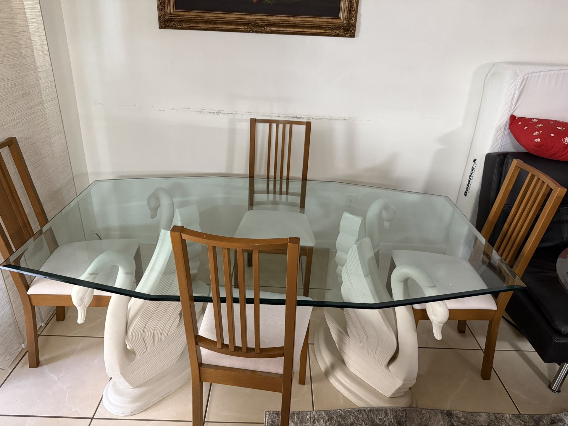 Glass Dining Table with Swan Base and Chairs