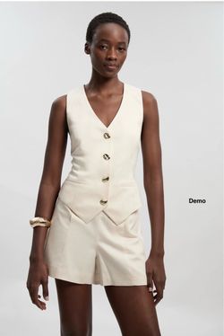 KarenMillen Tailored Linen Corset Back Detail Waistcoat - Ivory (UK8/Small)