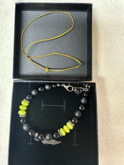 NEW Beaded Stories Bracelet Black Chartreuse Feather Charm